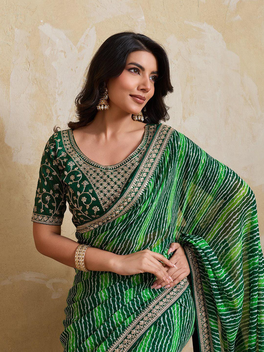 Georgette Bandhej Laheriya Saree with Embroidered Blouse, Festive Wedding Wear