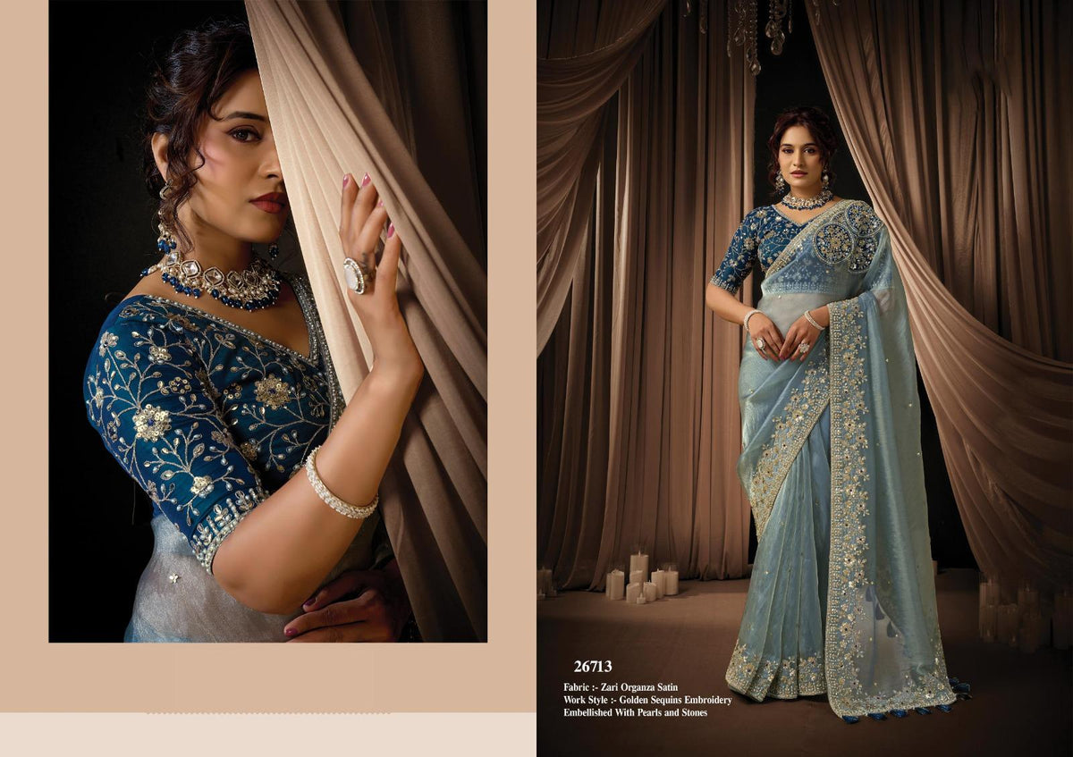 Designer Silk Saree, Embroidery Sequin Work, Jacquard Party Wear, Festive Wedding Blouse