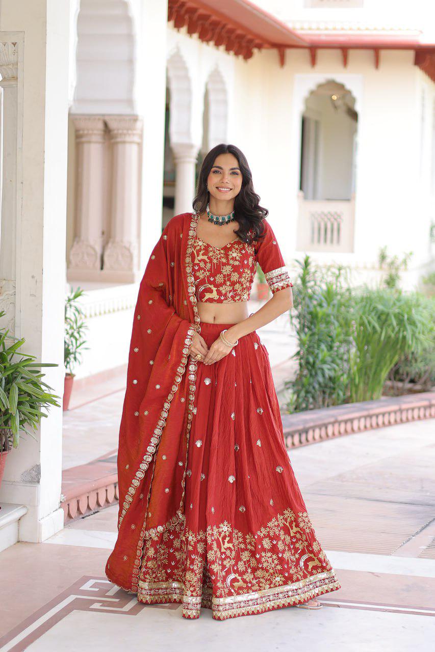 Vichitra Silk Lehenga Choli, Sequins Thread Embroidery, 4 Meter Flare Wedding Set
