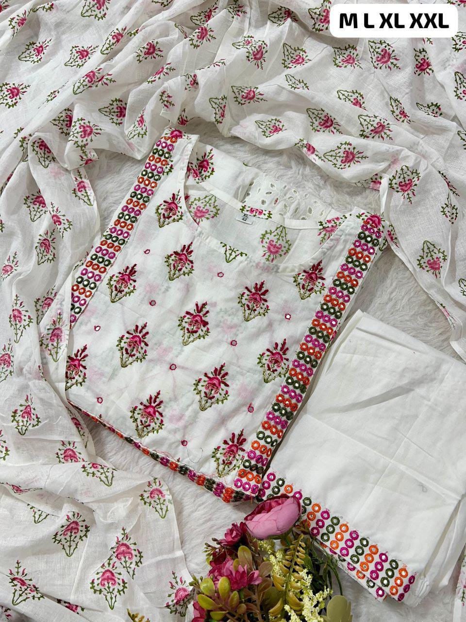 Cotton Chikankari Anarkali Kurti Set with Mirror Work, Lace Pant Dupatta