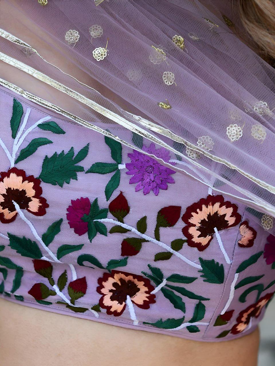 Lavender Organza Lehenga Choli, Floral Embroidered Blouse, Gota Patti Dupatta, Wedding Set