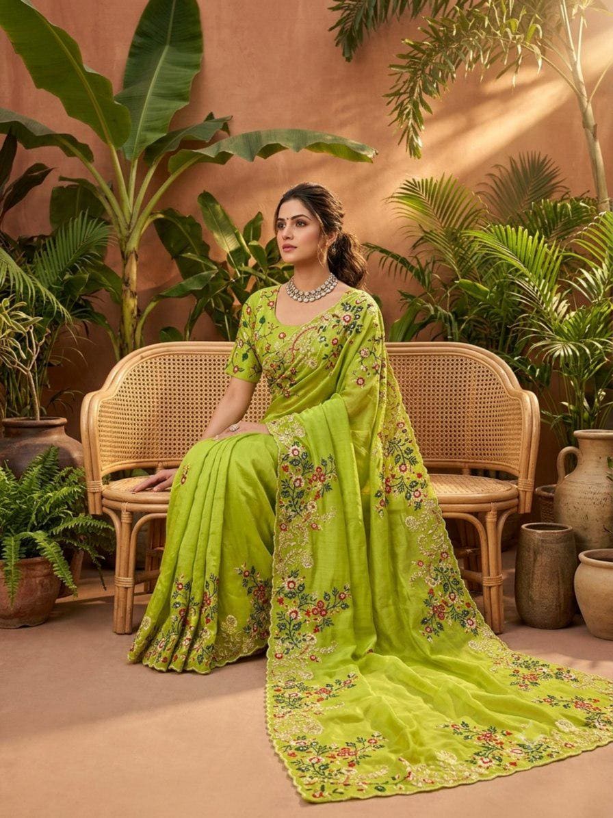 Paper Silk Saree Embroidered Sequins Cutwork Border | Designer Wedding Party Wear Blouse