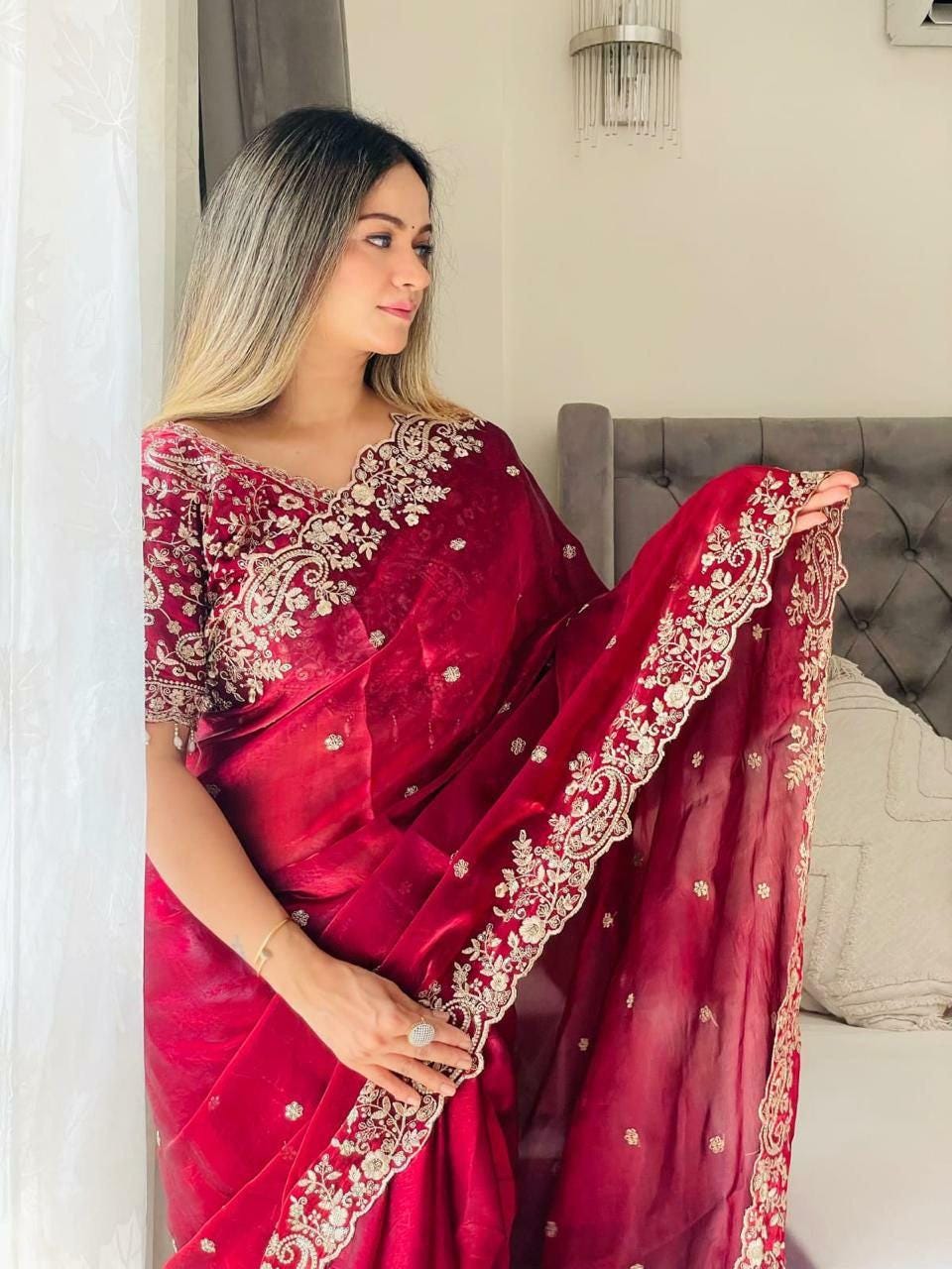 Fandy Satin Saree | Silver Zari Embroidery, Arco Cutwork Border, Wedding Guest Saree
