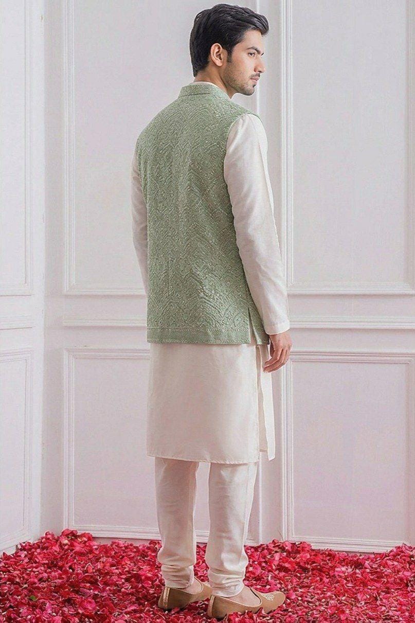 Men's Roman Silk Kurta Pajama Set with Embroidered Koti, Festive Ethnic Wear