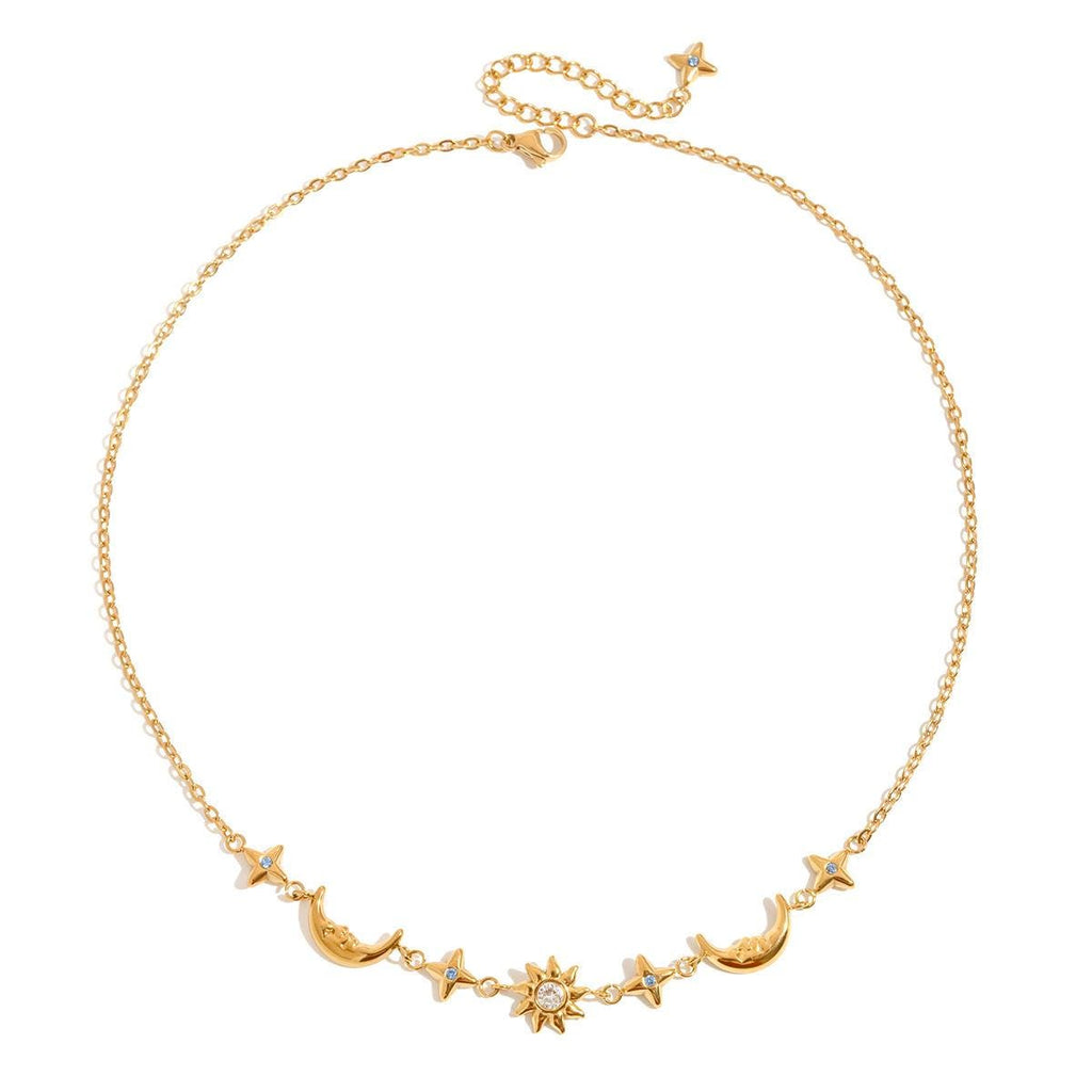 Gold Sun Moon Star Necklace, Celestial Charm, Stainless Steel, Waterproof Astrology Jewelry