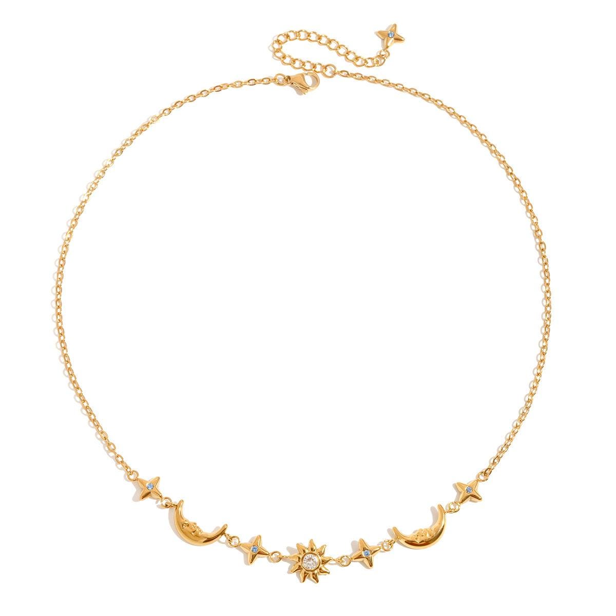 Gold Sun Moon Star Necklace, Celestial Charm, Stainless Steel, Waterproof Astrology Jewelry