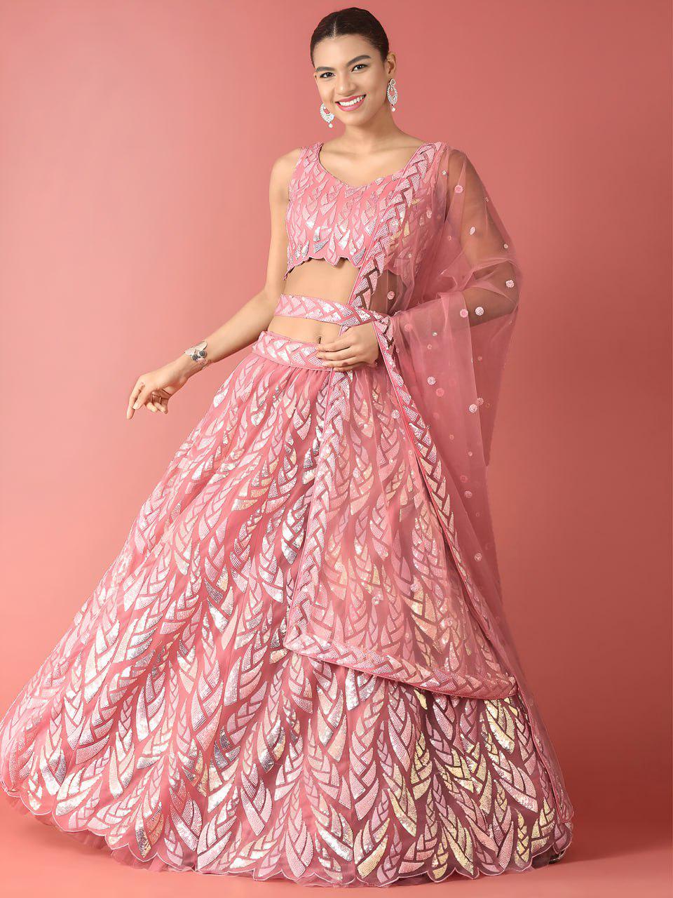 Light Pink Soft Net Lehenga Choli Set, Sequins Embroidery, Semi-Stitched Bridal Wear