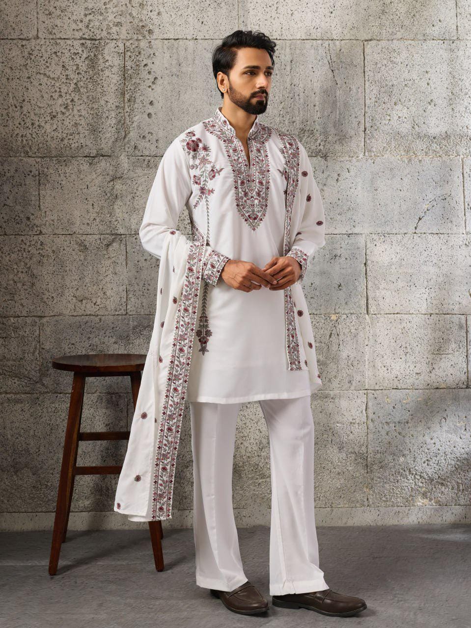 Embroidered Japanese Fabric Kurta Pant Set with Dupatta | Festive Ethnic Wear