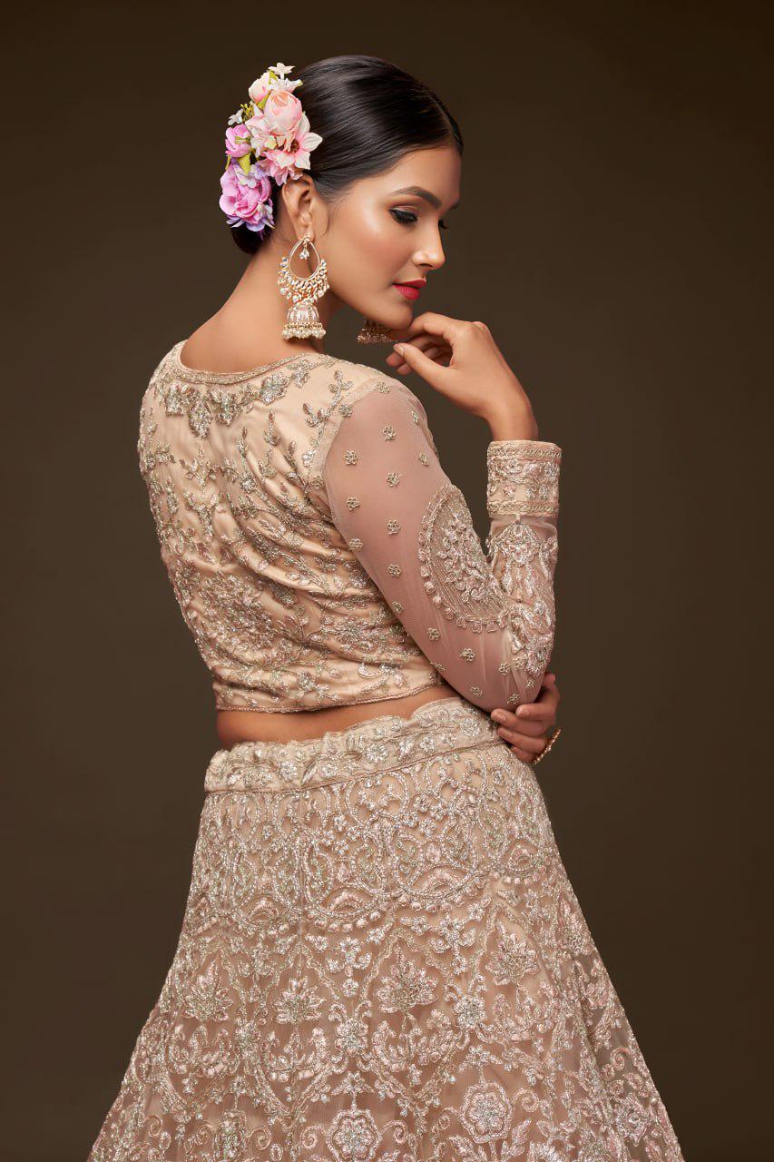Champagne Beige Net Lehenga Choli, Zari Glitter Dori Embroidery, Semi-Stitched Wedding Set