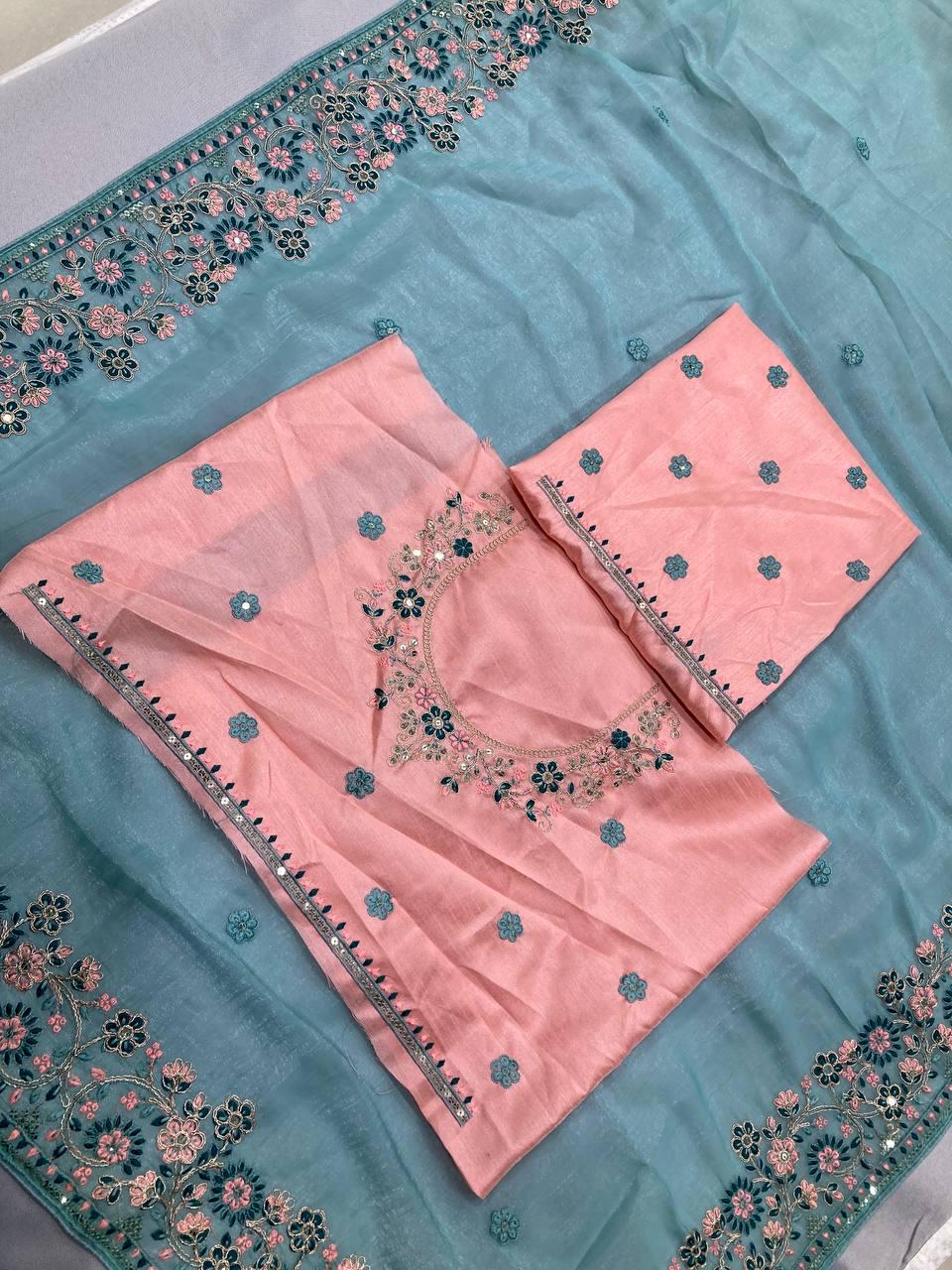 Crunchy Silk Saree, C-Pallu Embroidery, Cutwork Border, Heavy Blouse Piece