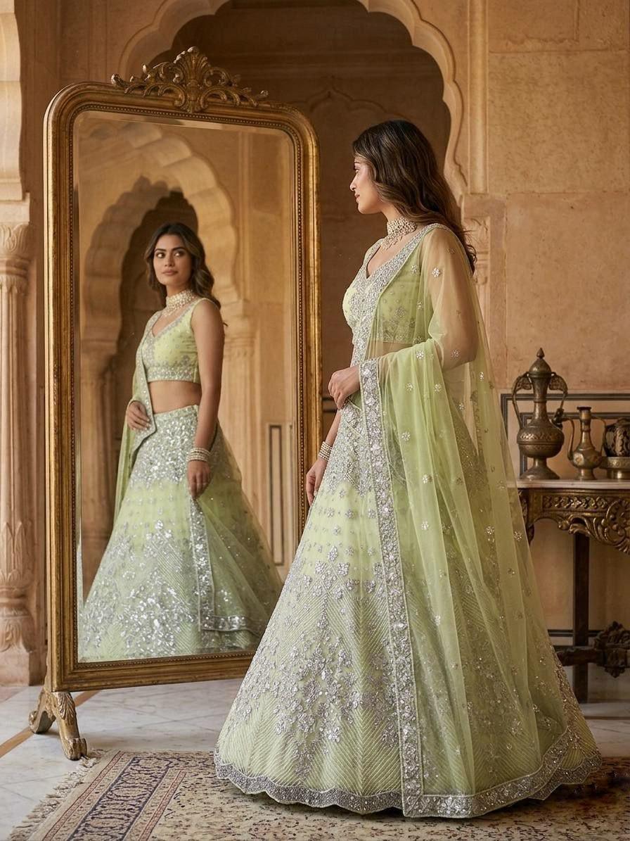 Butterfly Net Lehenga Choli | Foil Mirror Sequin Work, 4 Meter Flare, Indian Wedding Wear