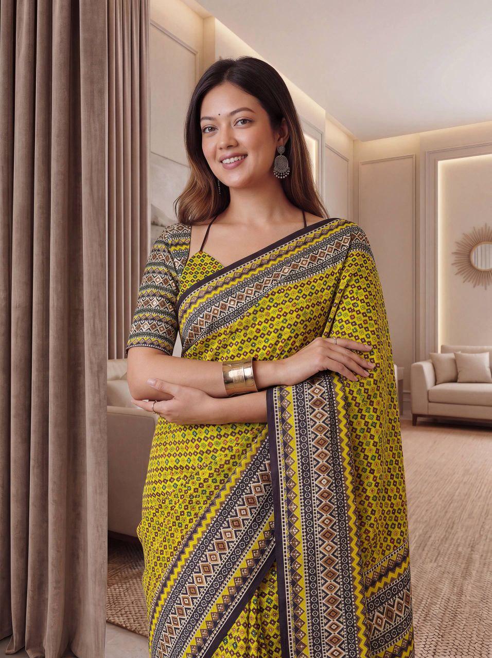 Chinon Ajrak Print Saree with Real Mirror Work | Unstitched Blouse Piece