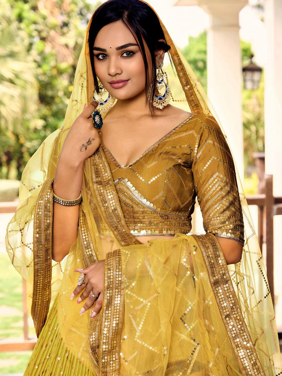 Mustard Gold Chinnon Lehenga Choli Set | Thread Sequin Embroidered Wedding Lehenga (Semi-Stitched)