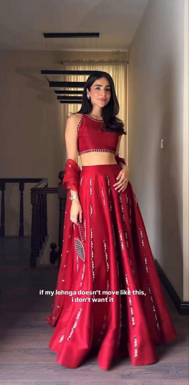 Malai Satin Silk Lehenga Choli, Mirror Work Bridal Wedding Party Wear Set