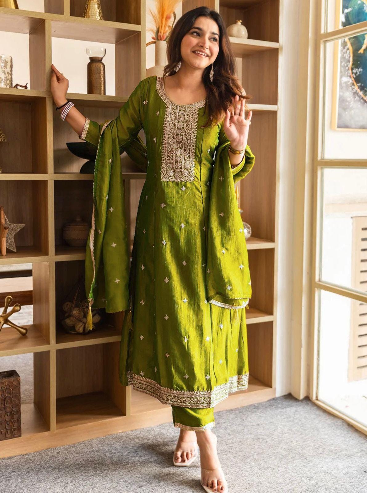 Embroidered Vichitra Silk Kurta Pant Set, 48 Inch Festive Ethnic Wear (M-3XL)
