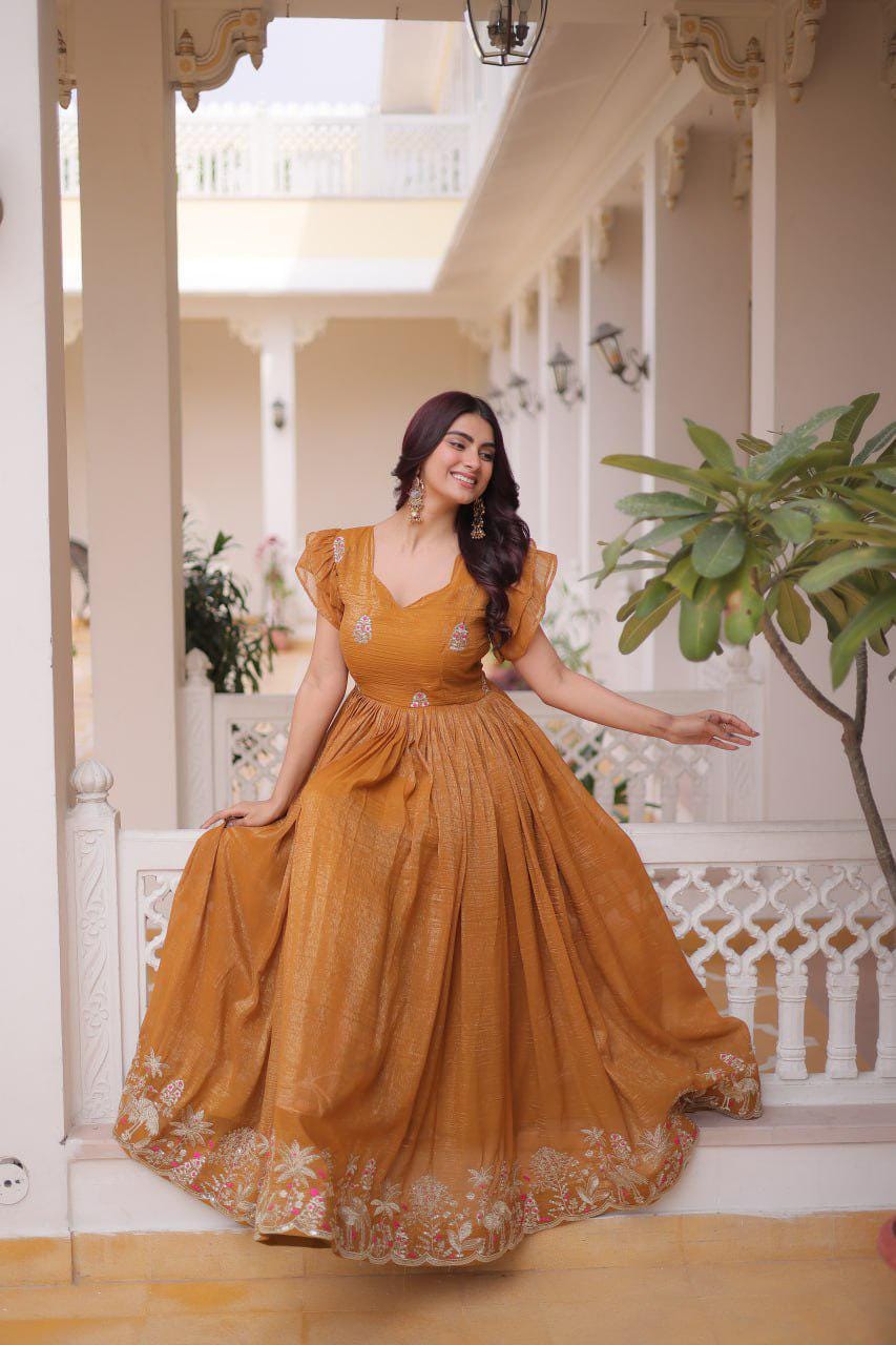 Silver Embroidered Gown, Frill Sleeve Ethnic Party Dress, Flared Anarkali Gown