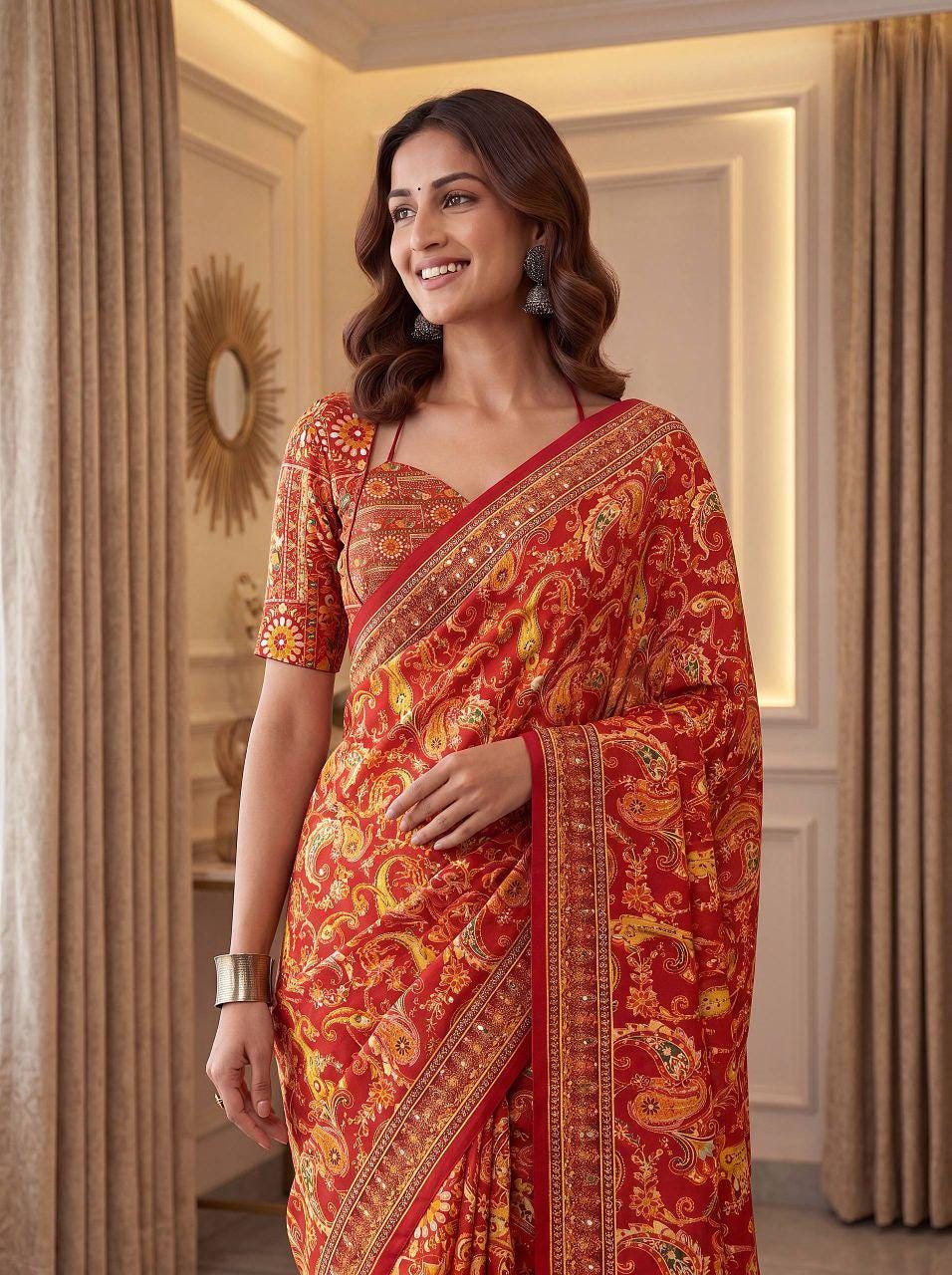 Chinon Ajrak Print Saree with Real Mirror Work | Festive Wedding Wear (Unstitched Blouse)
