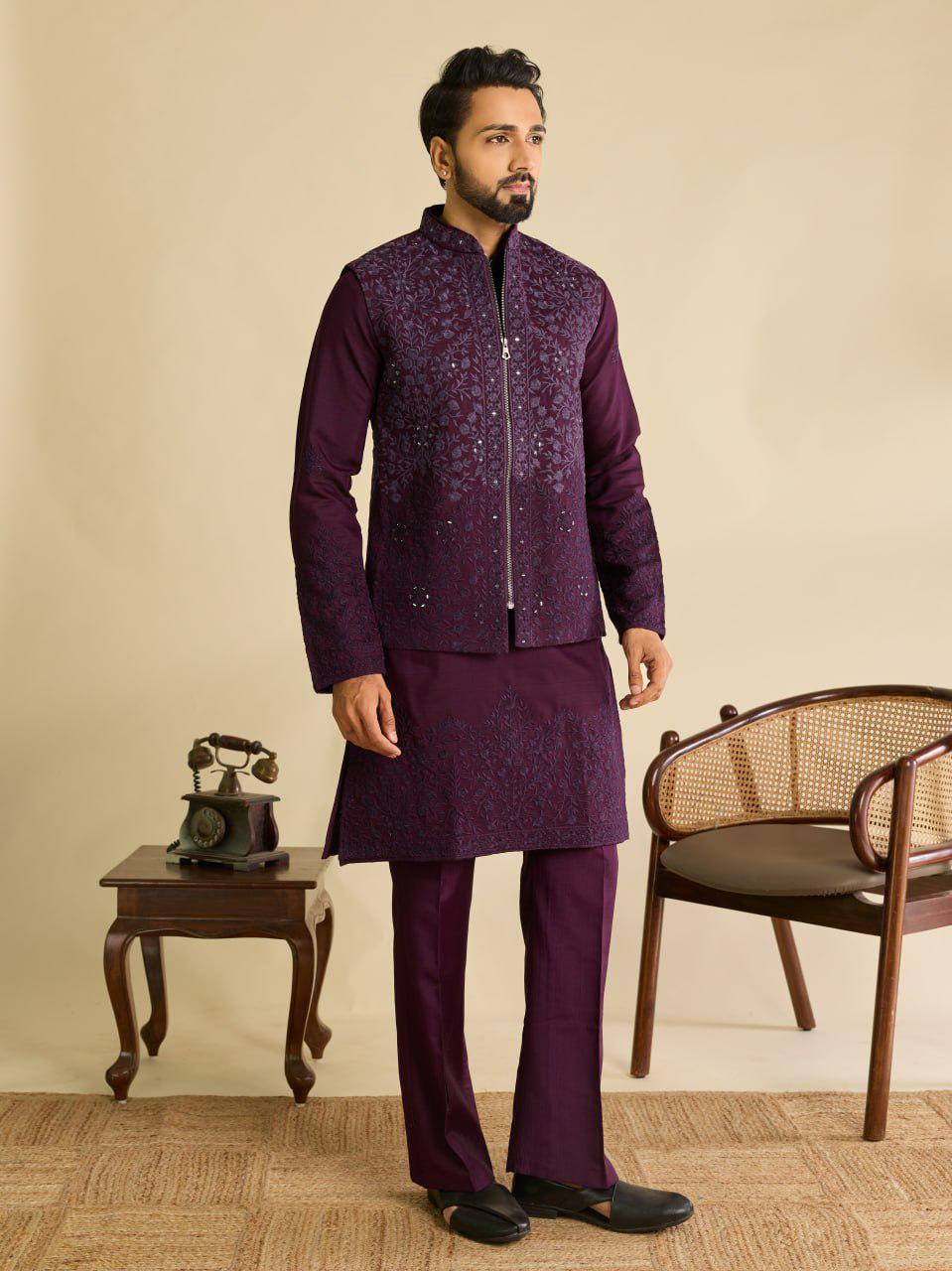 Art Silk Kurta Koti Set | Real Mirror Multi Thread Embroidery Wedding Outfit