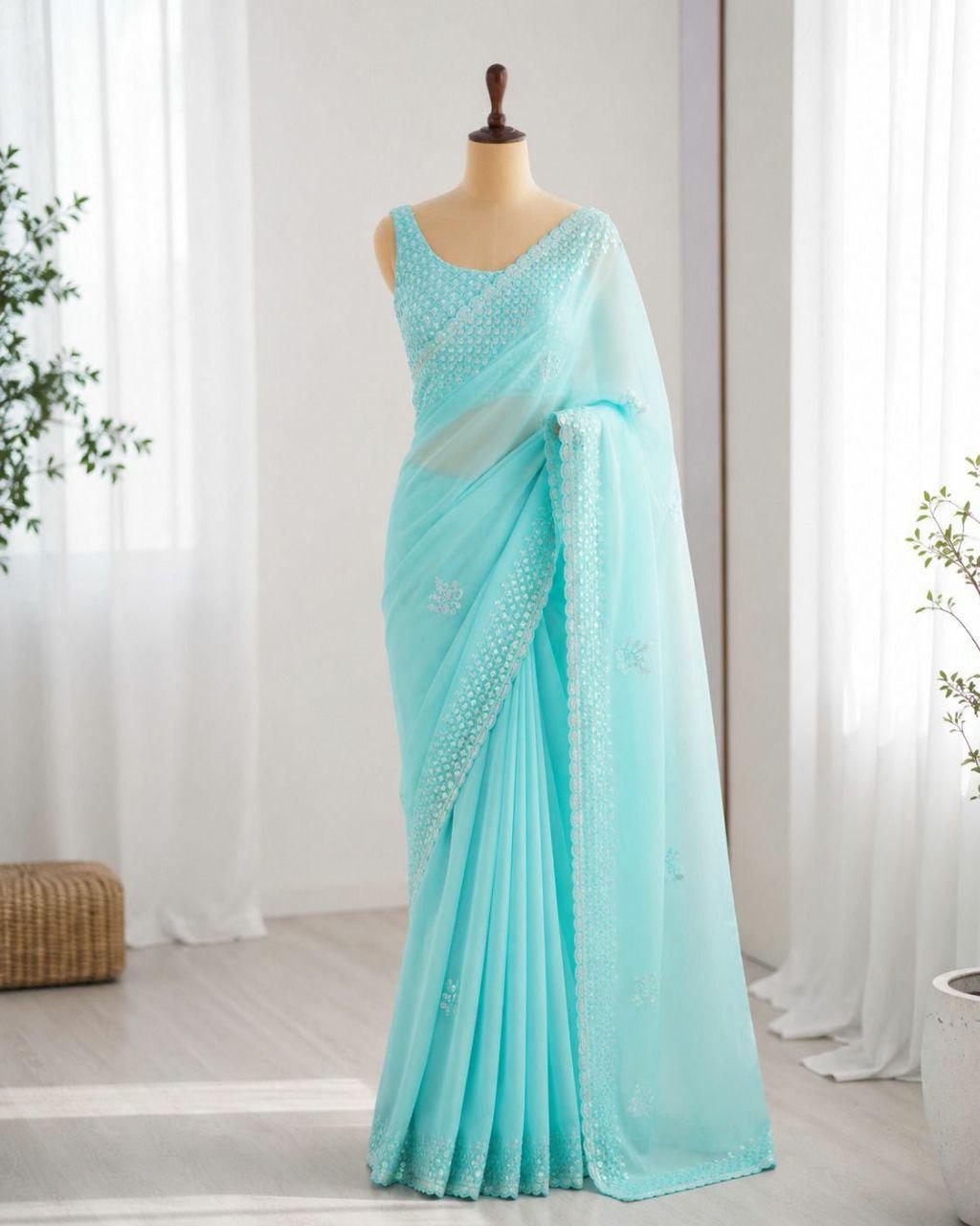 Soft Georgette Embroidered Saree | Sequin Cutwork Border, Diamond Silk Blouse, Party Wear