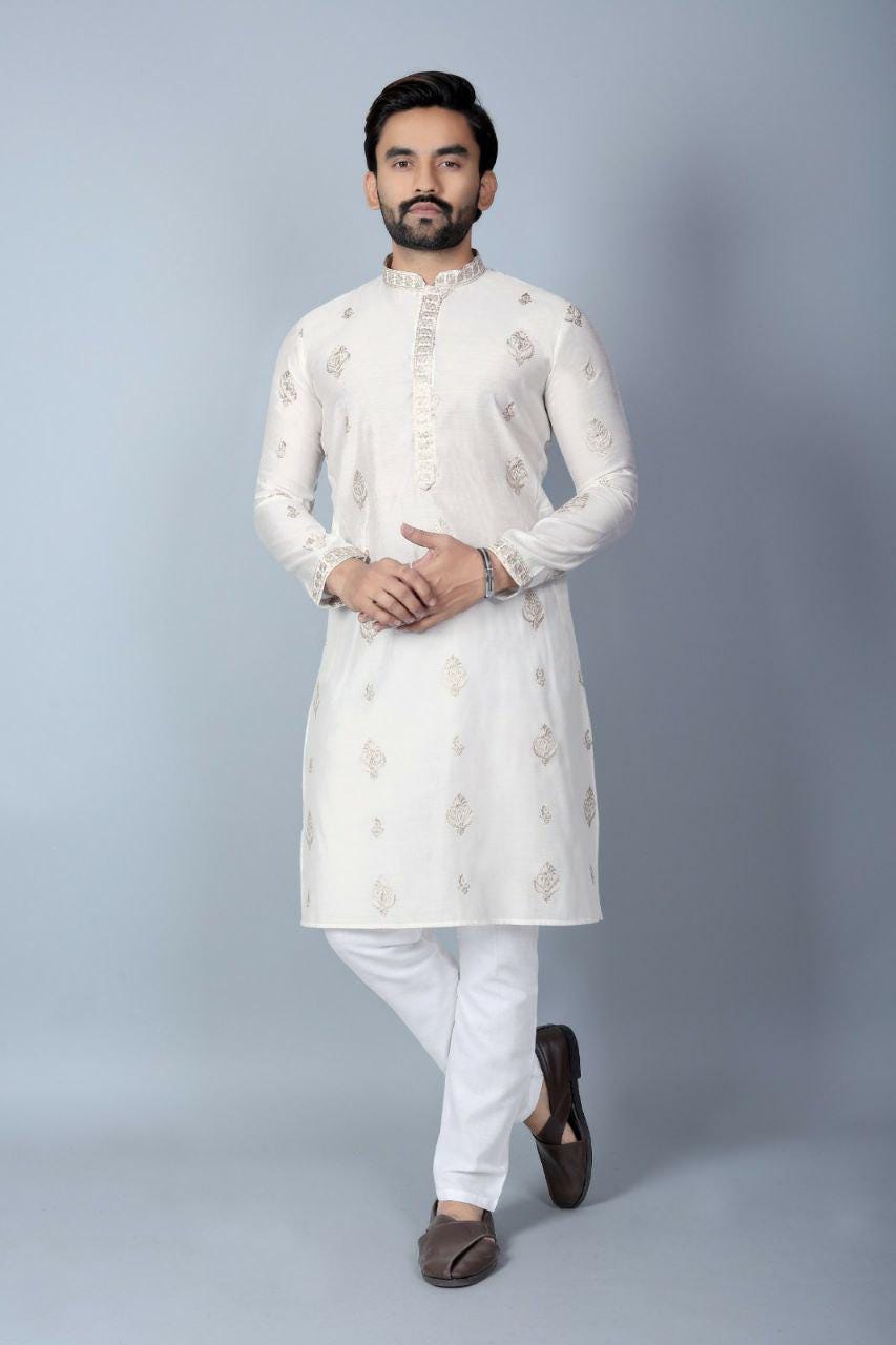 Men's Chanderi Silk Kurta Pajama Set, Traditional Indian Festive Wear, Wedding Party Outfit