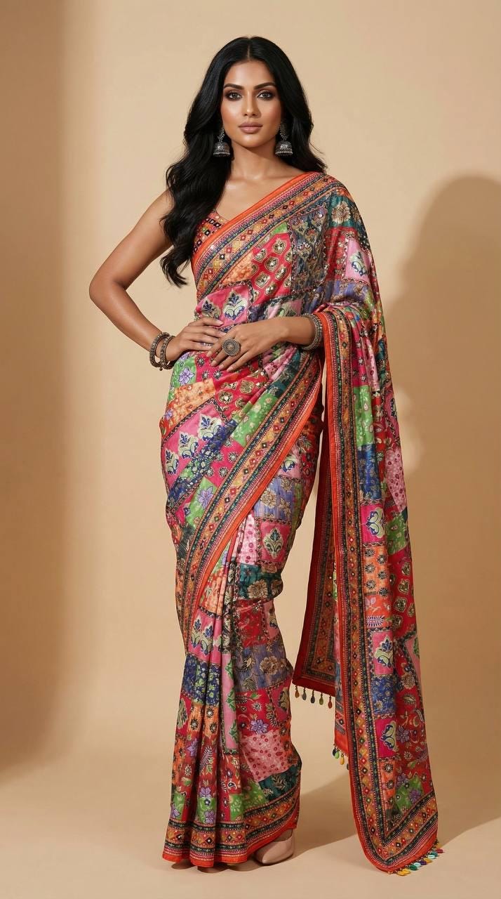 Ajrakh Print Roman Silk Saree, Real Mirror Work, Designer Ethnic Party Wear Blouse