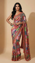 Ajrakh Print Roman Silk Saree, Real Mirror Work, Designer Ethnic Party Wear Blouse