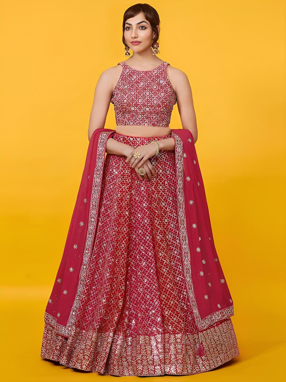 Crimson Red Georgette Lehenga Choli Set | Zari Sequins Embroidered Bridal Outfit Net Dupatta
