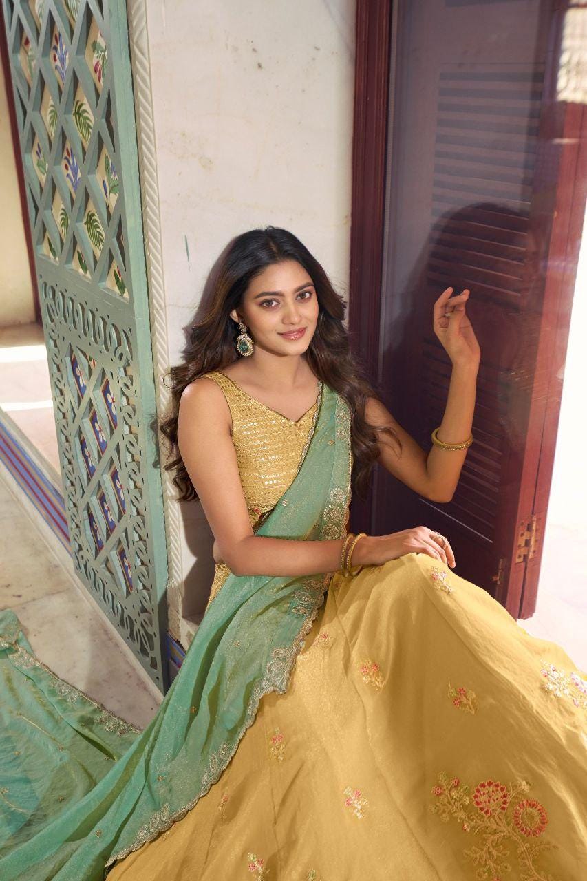 NC Moss Silk Lehenga Choli Set | Sequins, Thread Embroidery, 4 Meter Flair