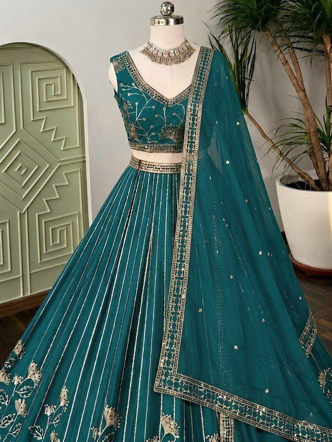 Star Georgette Lehenga Choli | Zari Sequin Embroidery, 3.5 Meter Flair, Indian Bridal Wear