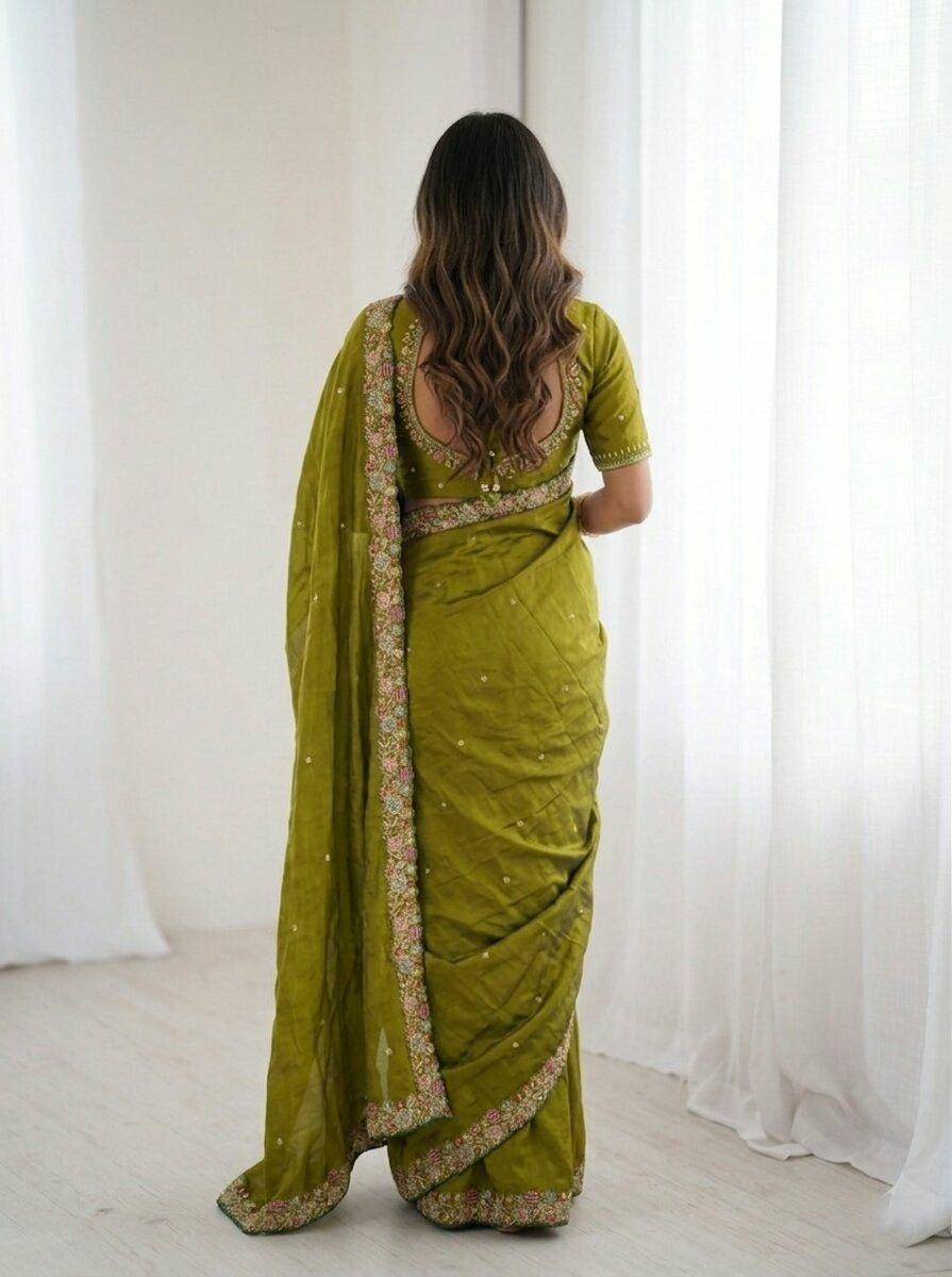 Fendy Satin Silk Saree | Embroidery, Cutwork Border, Designer Wedding Wear