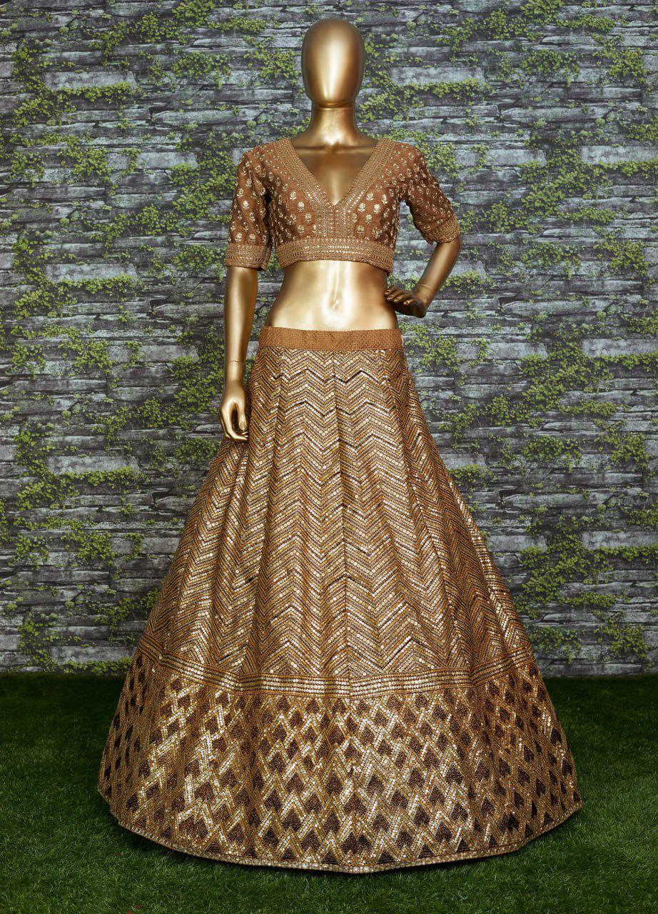 Antique Gold Slub Silk Lehenga Choli, Zari Dori Sequins Embroidery, Bridal Wedding Net Dupatta