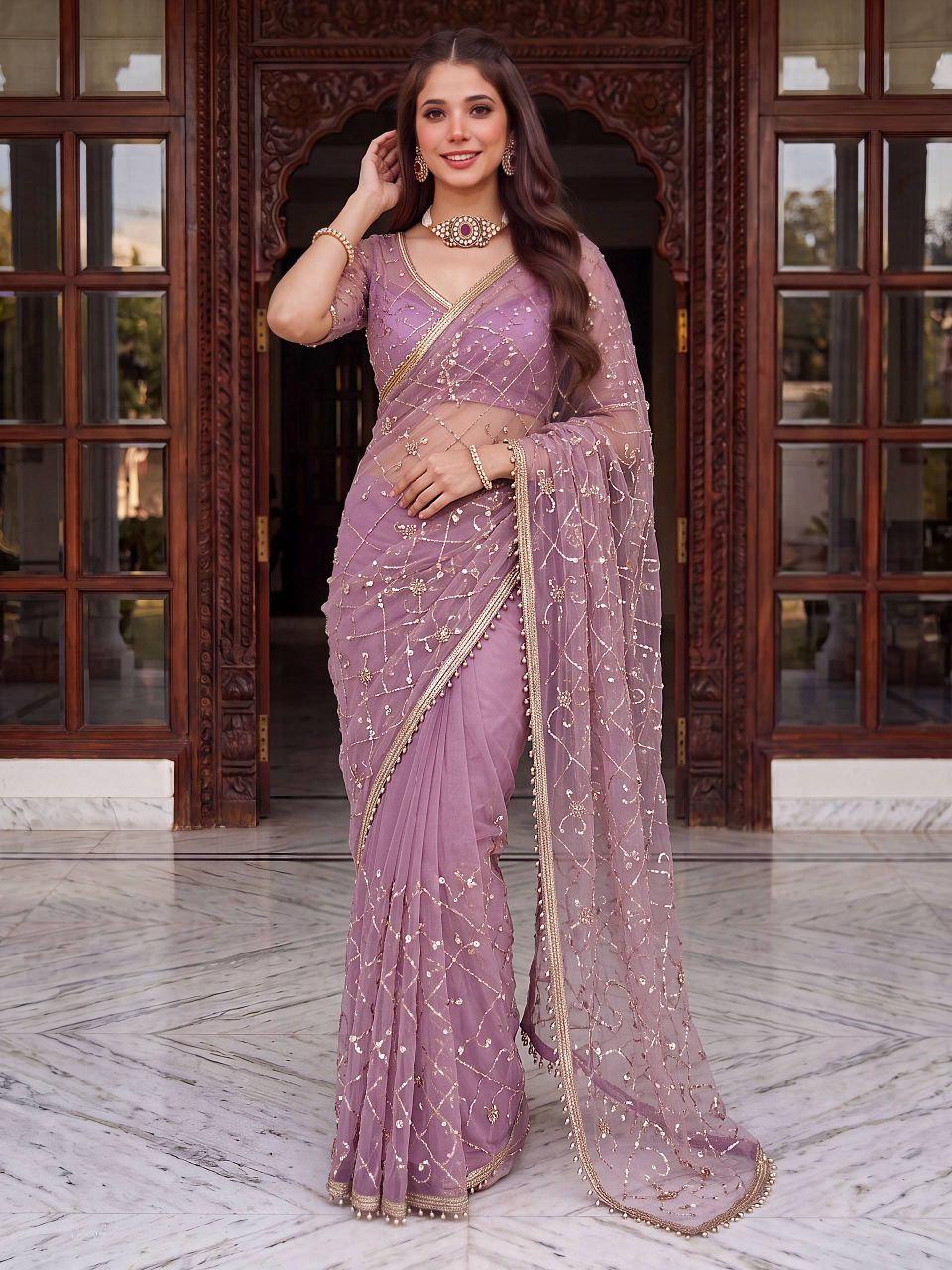 Designer Net Saree | Beads, Pearls, Sequins Embroidery | Party Wedding Wear (Unstitched Blouse)