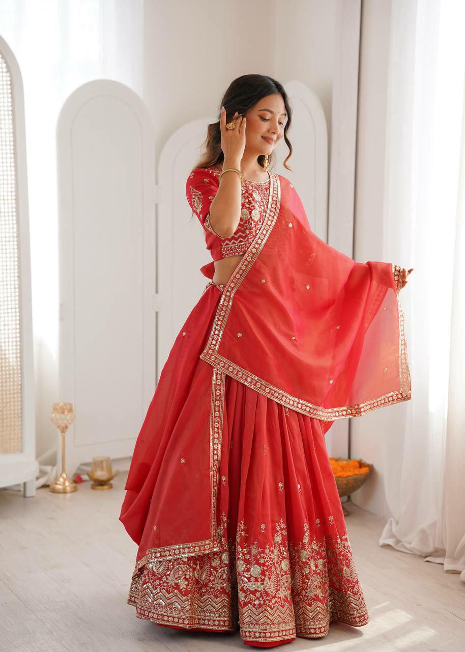 Heavy Shimmer Silk Lehenga Choli Set | Sequin Thread Work Bridal Outfit