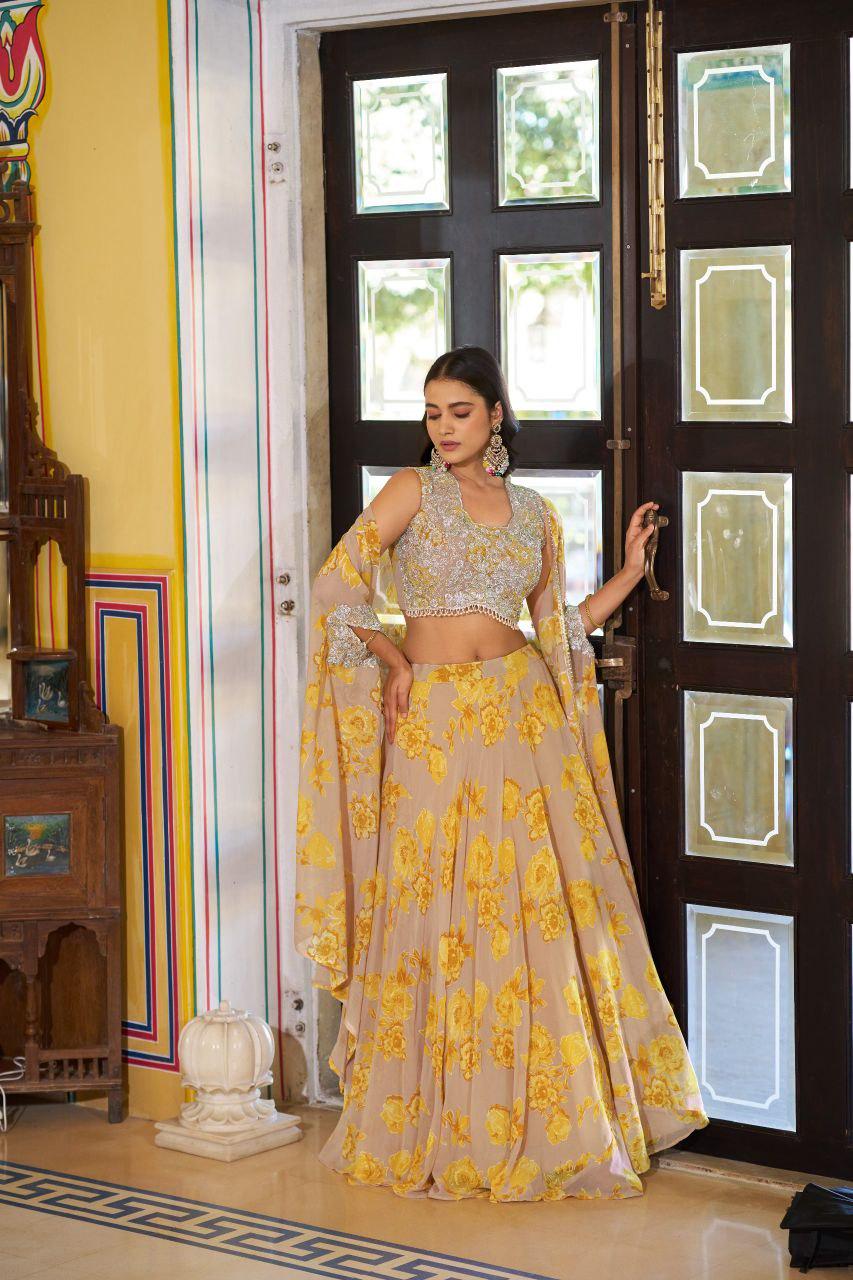 Embroidered Georgette Lehenga Choli Set with Cape Dupatta & Batwa Bag