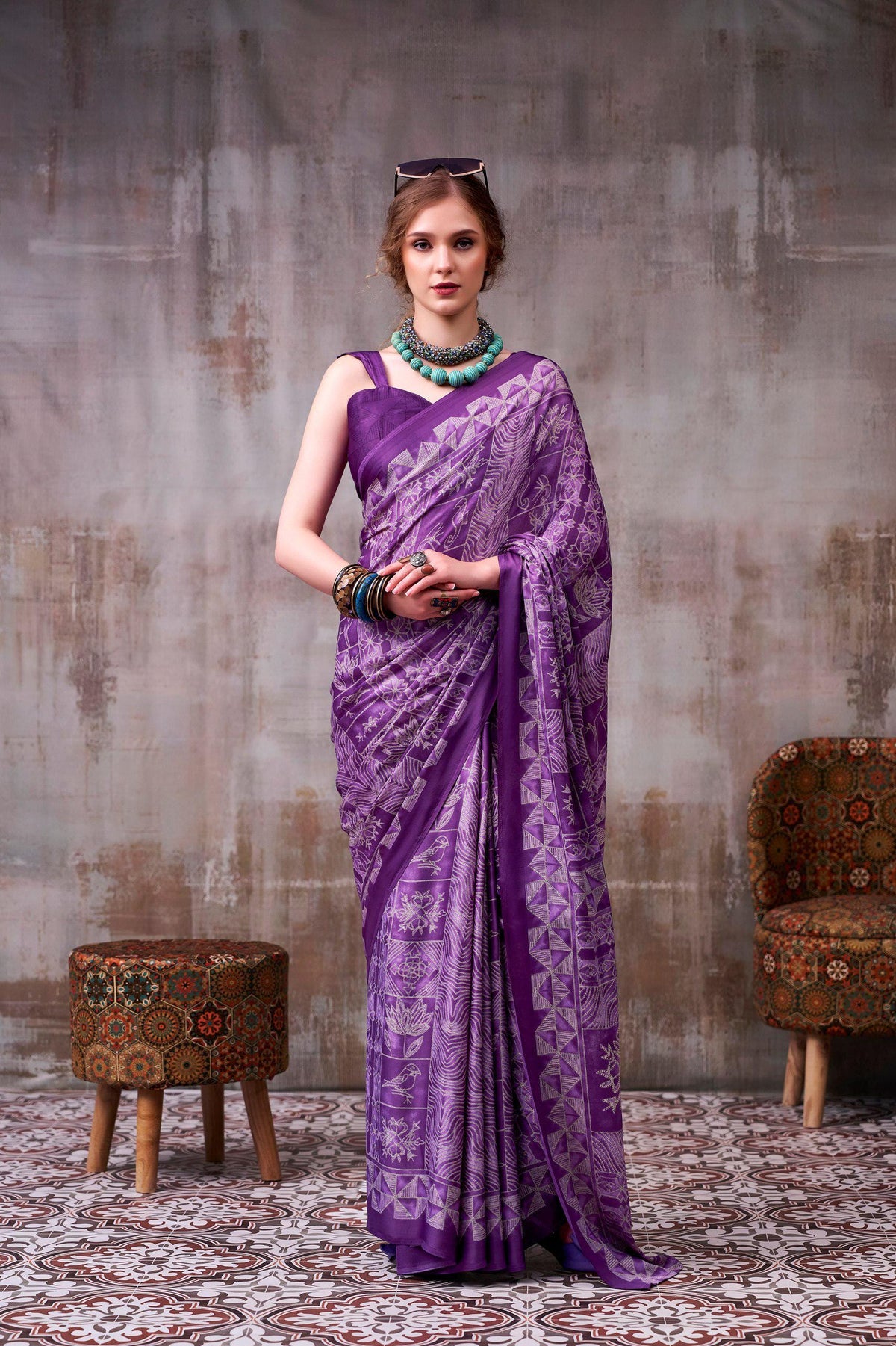 Satin Silk Printed Saree with Unstitched Blouse, Elegant Indian Festive Wear