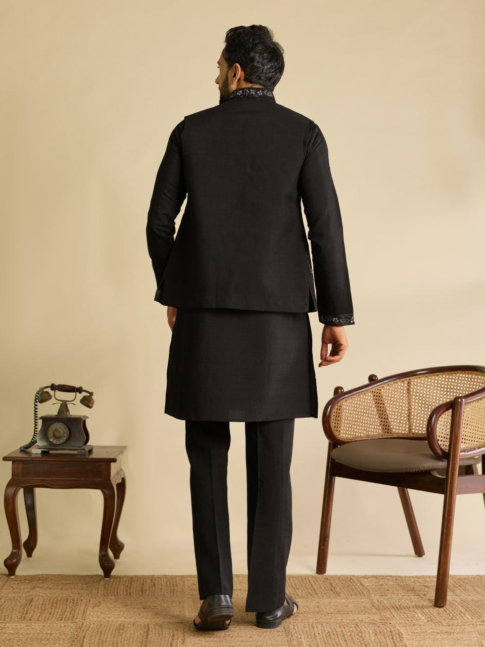 Art Silk Kurta Koti Pant Set | Mirror Work Embroidery Festive Wear