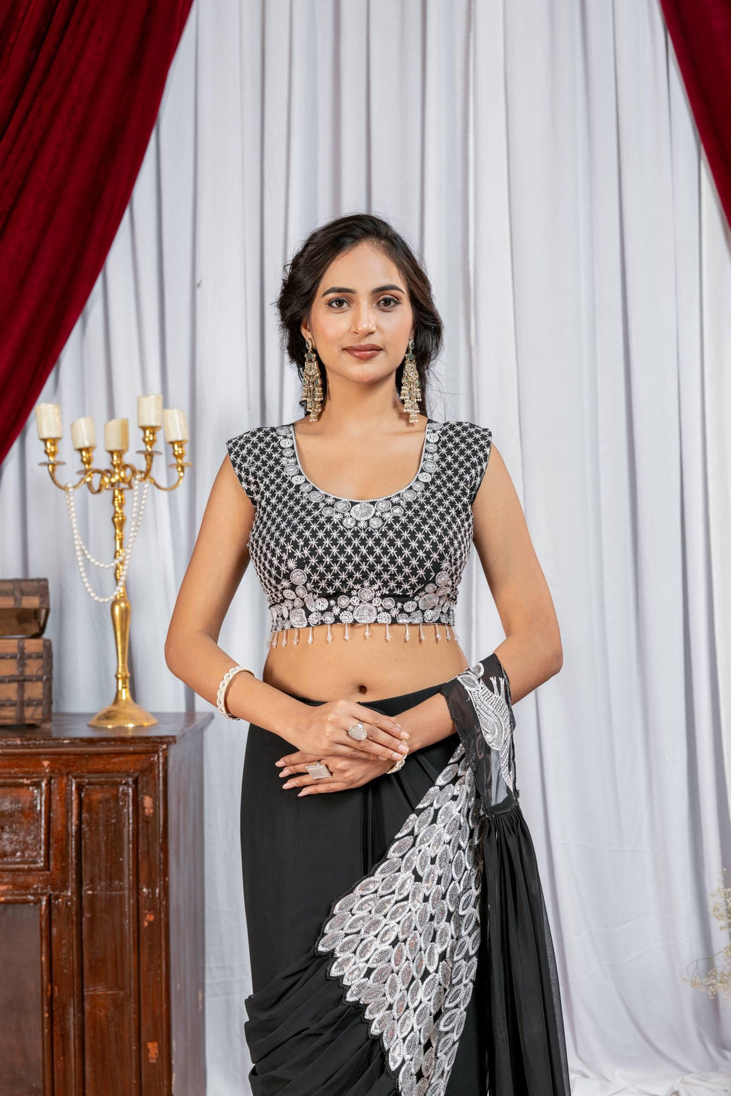 Ready to Wear Faux Georgette Saree with Embroidery & Sequins | Pre-Stitched Saree, Embroidered Blouse