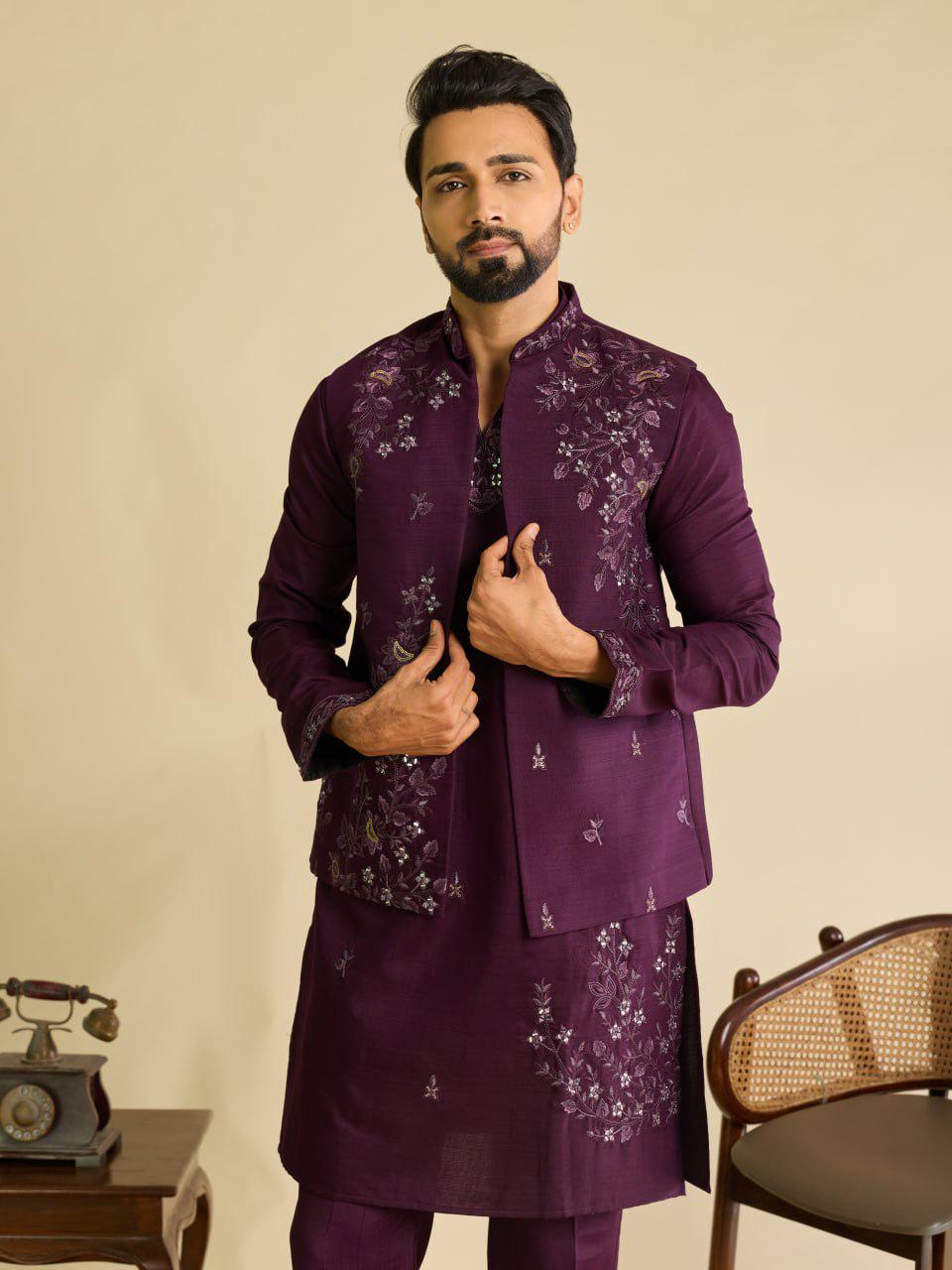 Art Silk Kurta Koti Pant Set | Mirror Work Embroidery Festive Wear