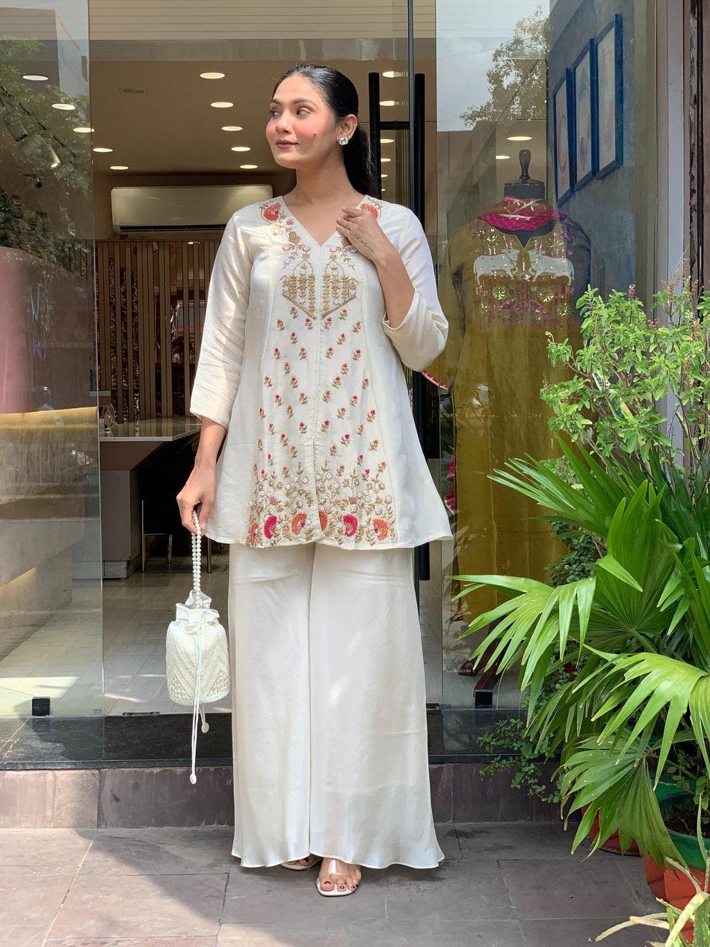 Embroidered Silk Kurti Pant Set, Short Ethnic Co-Ord Outfit, Festive Wear