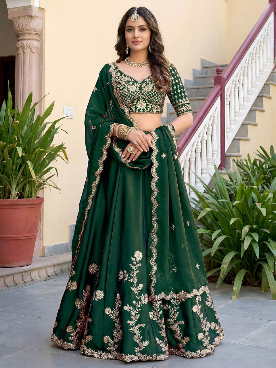 Bottle Green Rangoli Silk Lehenga Choli Set | Zari Dori Sequins Embroidery, Festive Outfit