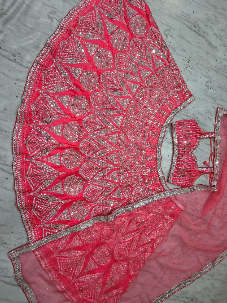 Malai Satin Lehenga Choli Set | Mirror, Sequins, Foil Embroidery | Bridal Outfit (Semi-Stitched)
