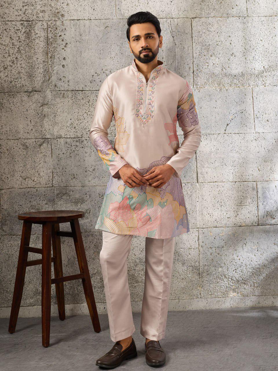 Men's Silk Kurta Pant Set | Thread Sequin Embroidery, Festive Wedding Outfit