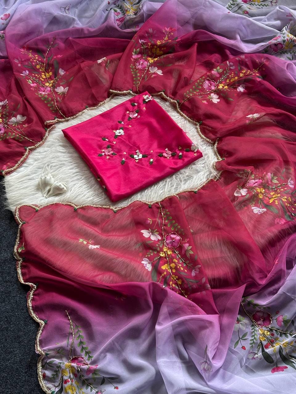 Floral Print Tabi Saree with Cut Dana Handwork, Chinon Blouse, Summer Party Wear