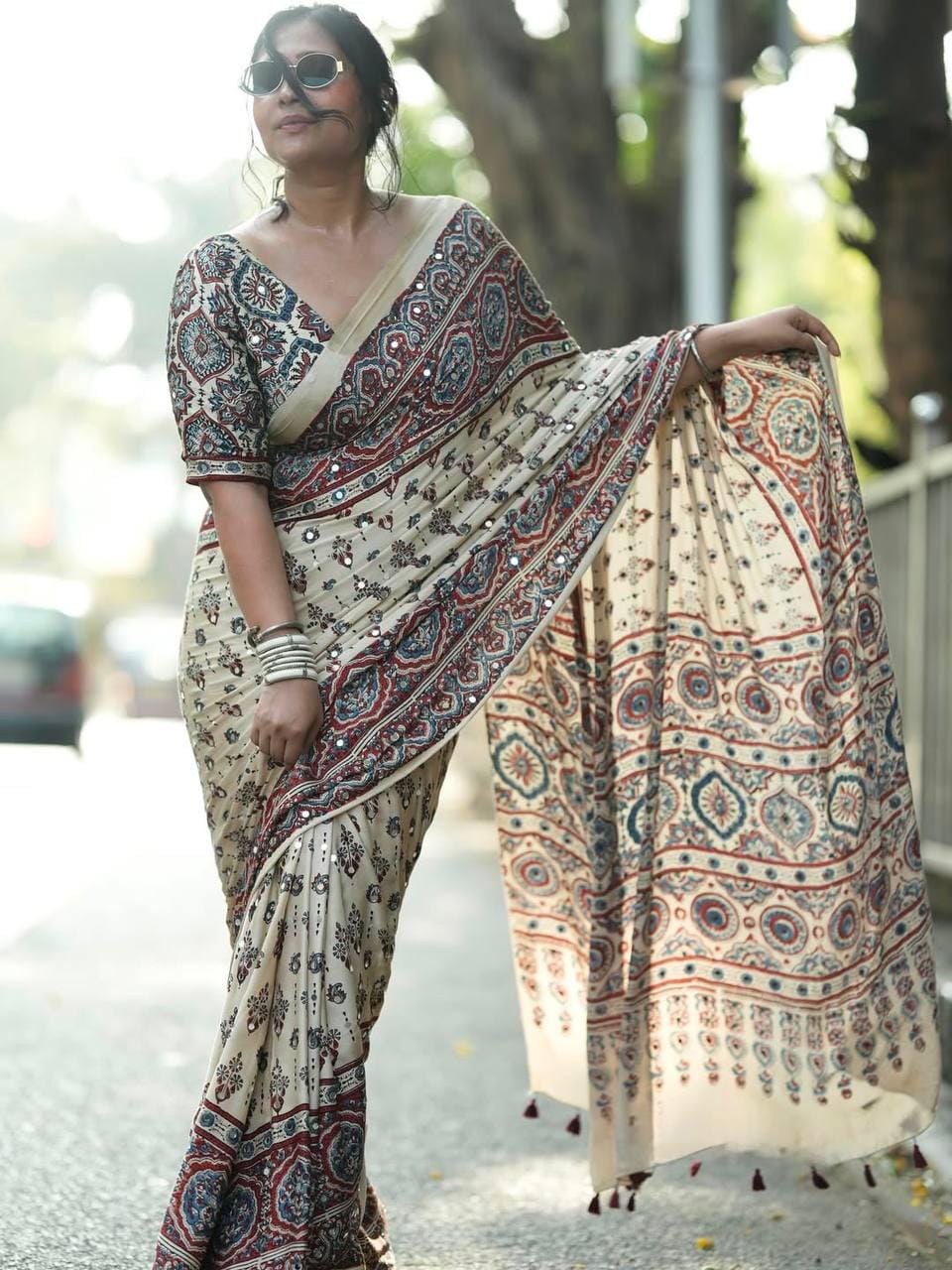 Ajrakh Print Semi Modal Silk Saree | Real Mirror Work, Pom Pom Pallu, Party Wear
