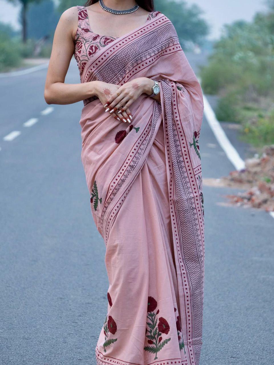 Dusty Rose Pink Floral Linen Cotton Saree