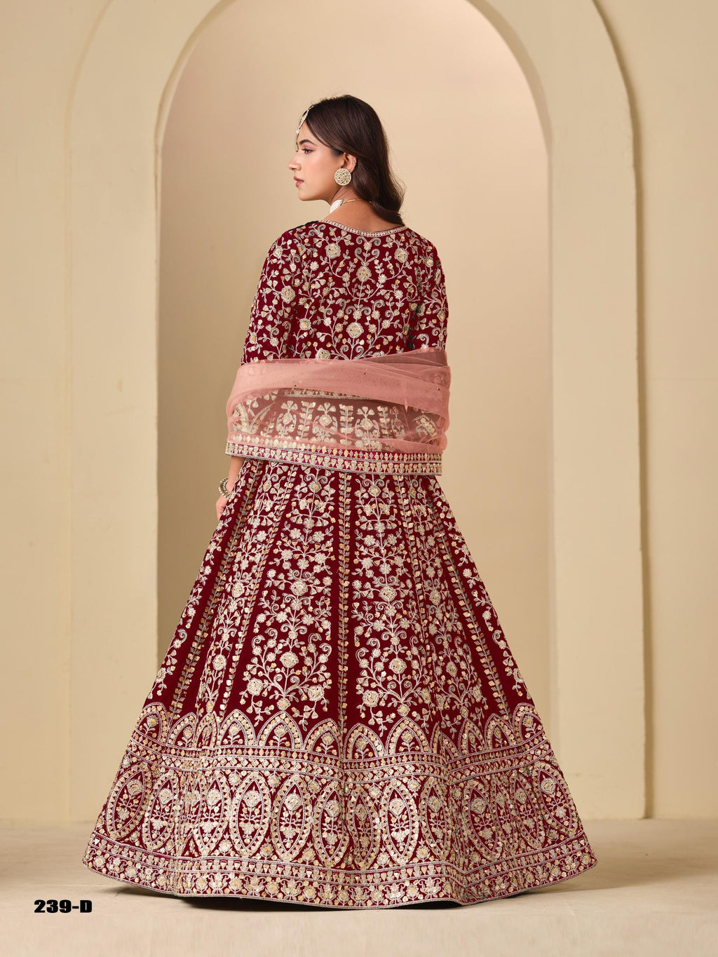 Velvet Embroidered Lehenga Set Net Dupatta, Heavy Work Outfit (Custom Stitch Up to 44)