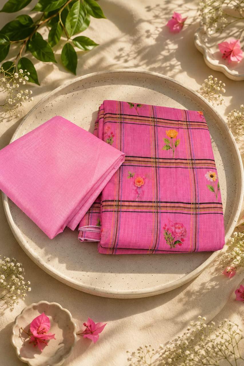 Soft Linen Digital Printed Saree | Checks Floral Dasty Print, Baby Pink Blouse
