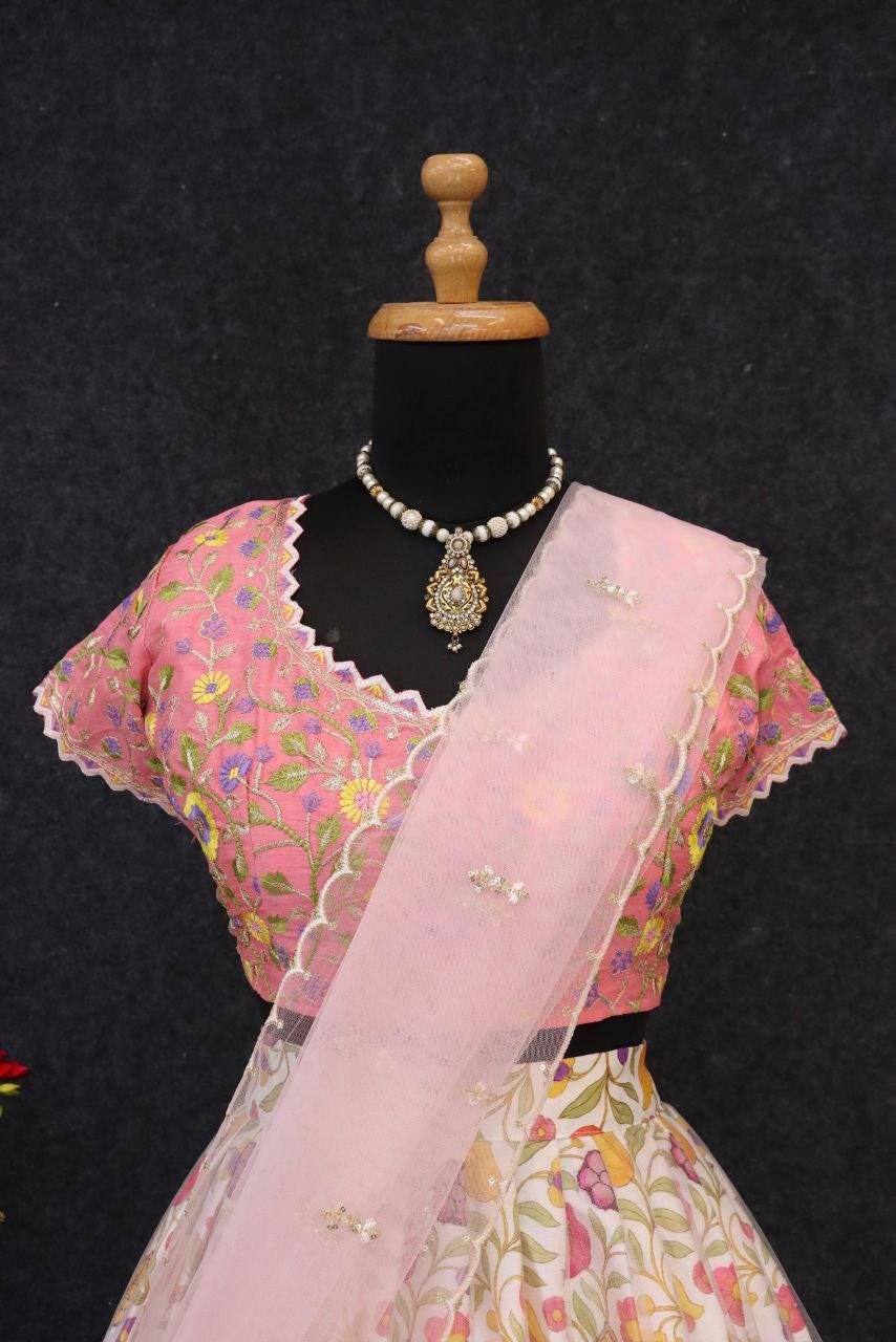 Chinon Silk Printed Lehenga Choli Set, Sequins Embroidered Net Dupatta, Banglory Silk Blouse