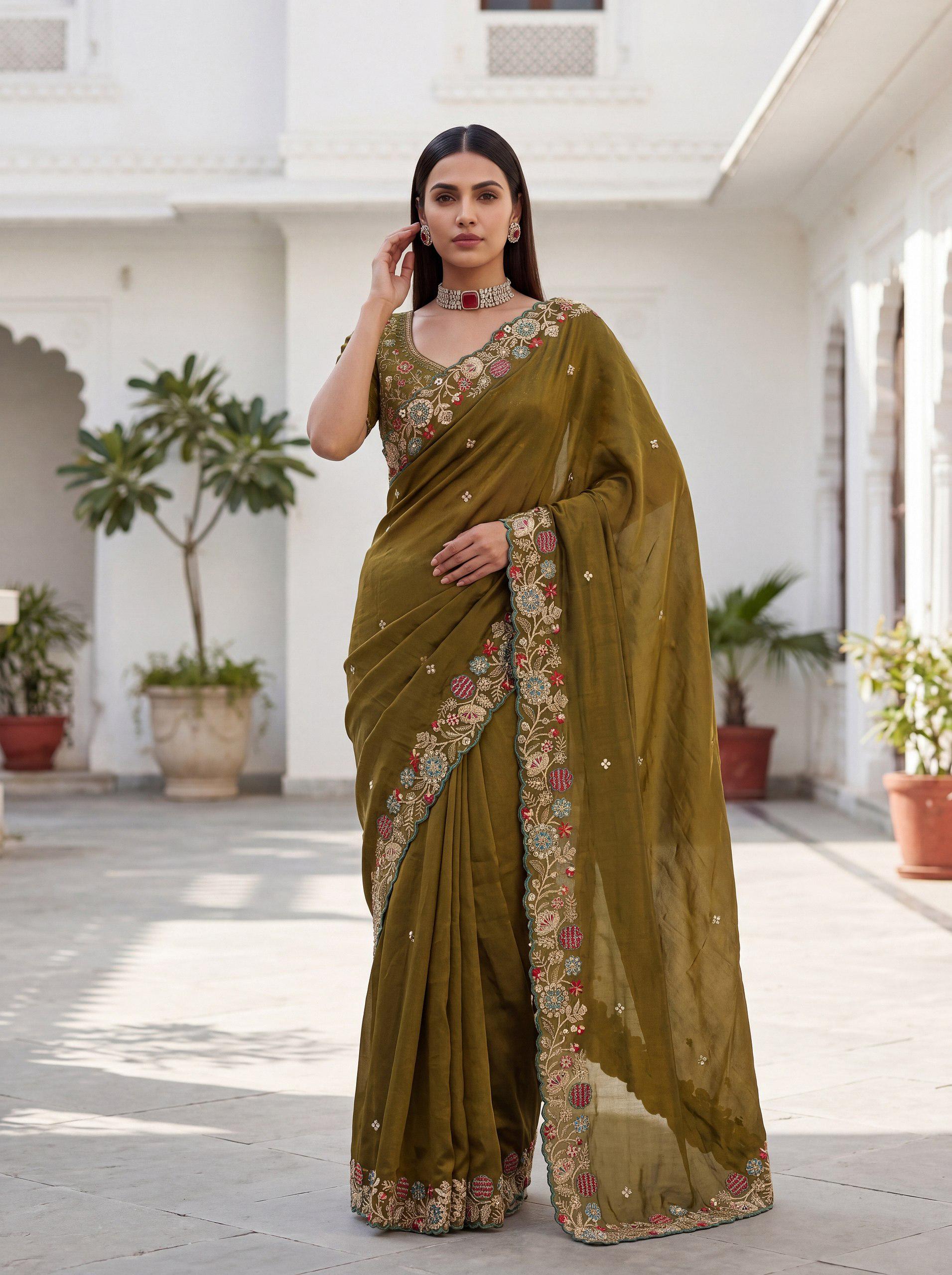 Fendy Satin Silk Saree with Embroidered Butti & Cutwork Border | Wedding Heavy Blouse