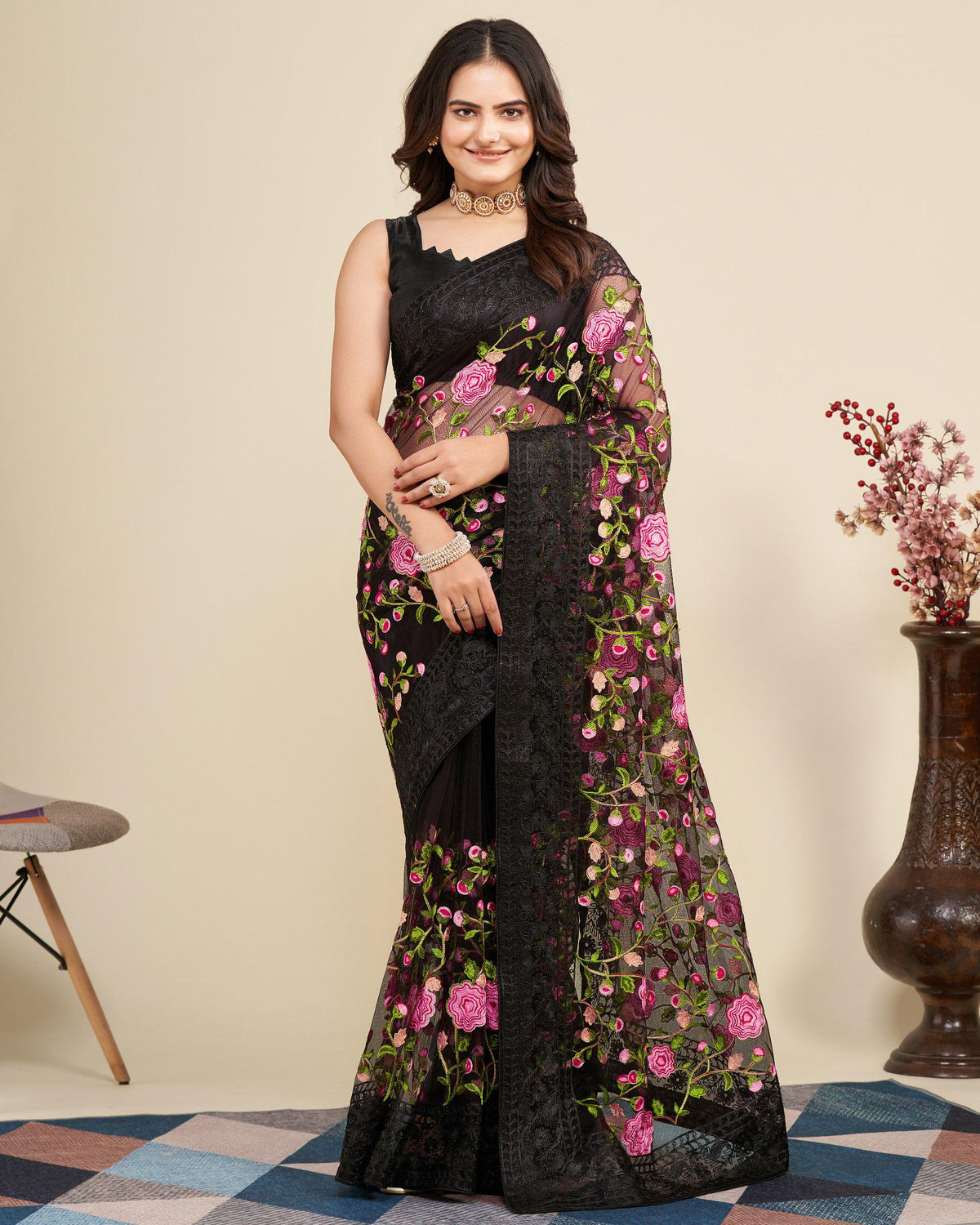Soft Net Saree with Chikankari Embroidery, Wedding Festive Party Wear (Unstitched Blouse)